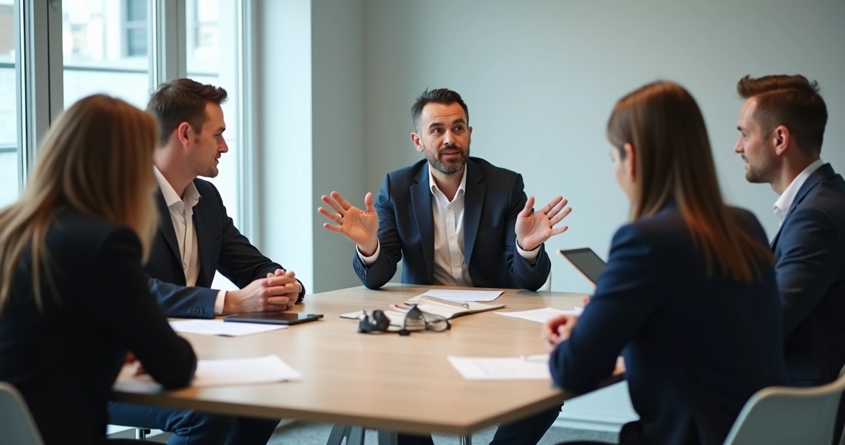 Equipe em reunião no escritório, uma pessoa gesticulando de forma dominante, outras parecendo desconfortáveis 