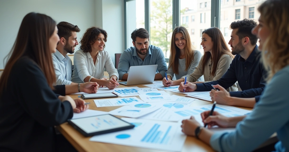 Pessoas em reunião discutindo enquanto analisam gráficos