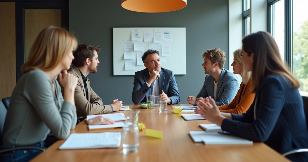 Pessoas sentadas ao redor de uma mesa em reunião, gesticulando e conversando 