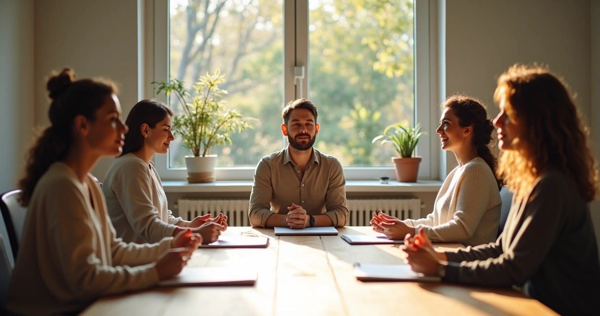 Equipe reunida ao redor de mesa, com expressões calmas e atentas, após meditação