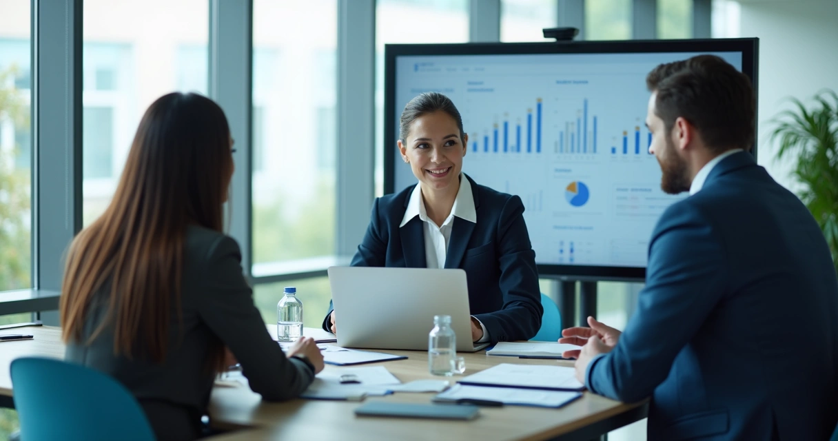 Reunião de vendas com apresentação e cliente ouvindo