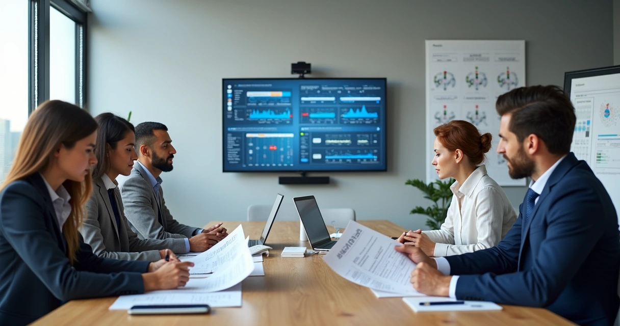 Equipe reunida analisando metas e indicadores 