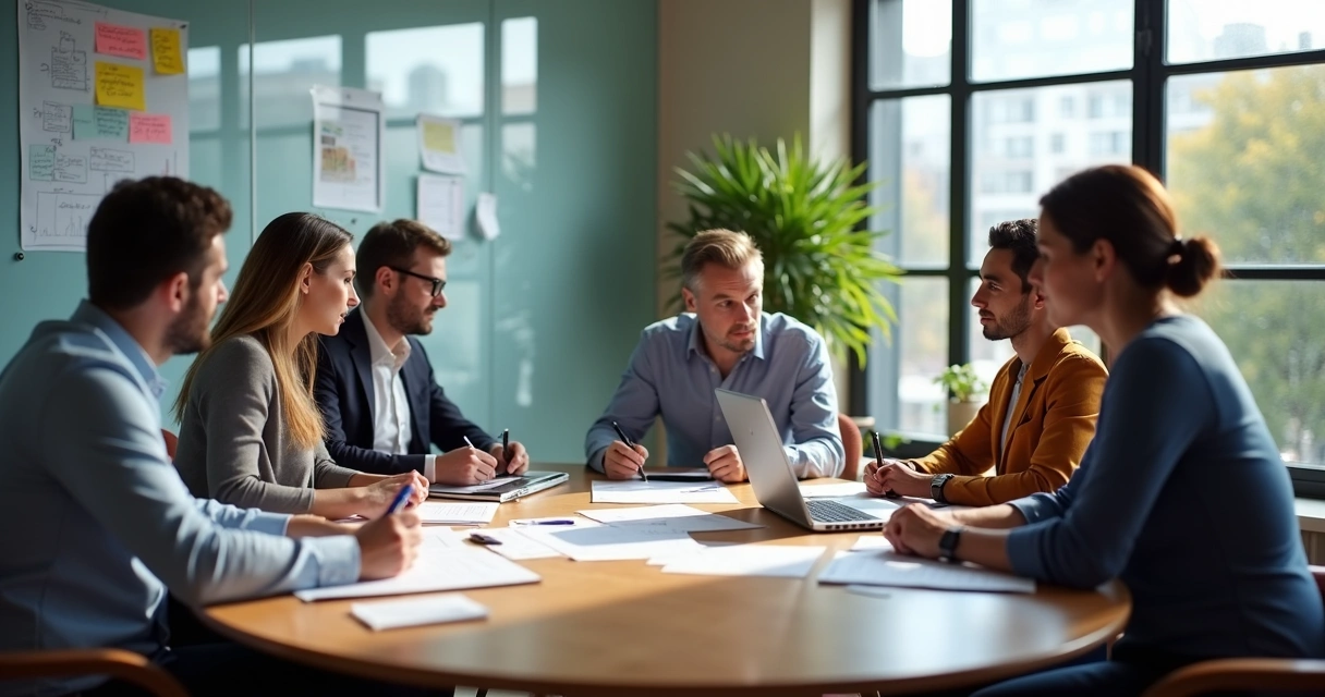 Equipe de entidade de classe reunida em mesa redonda fazendo planejamento. 