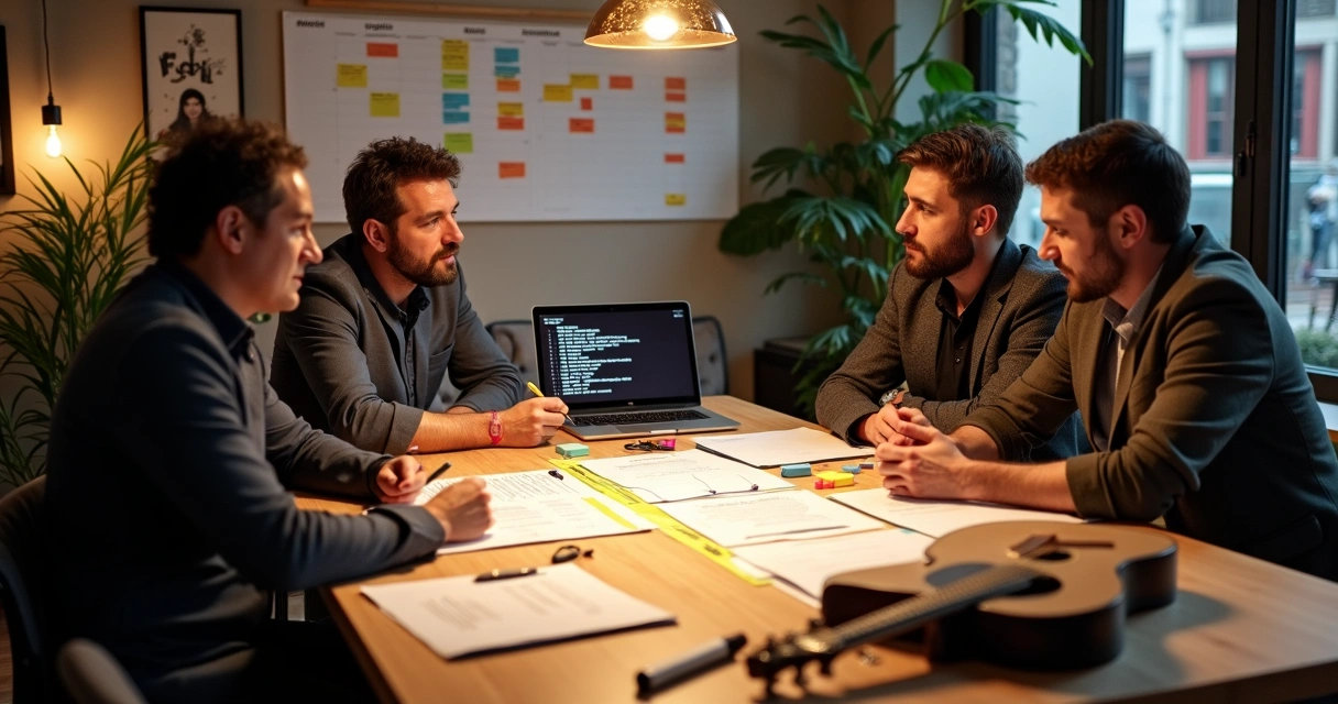 Reunião de planejamento entre organizador de evento e banda ao redor de uma mesa 