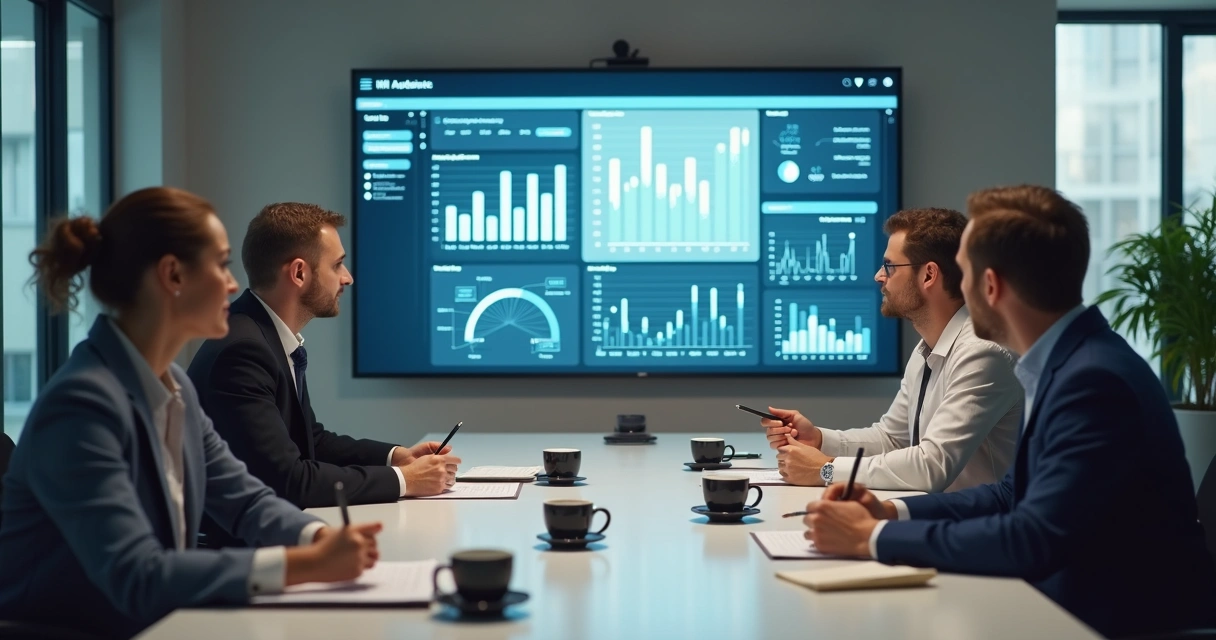 Equipe reunida discutindo métricas de treinamento em sala de reunião