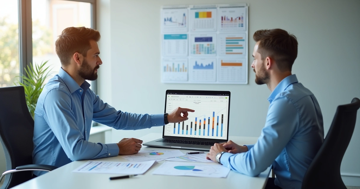 Reunião de planejamento financeiro com gráficos em tela 