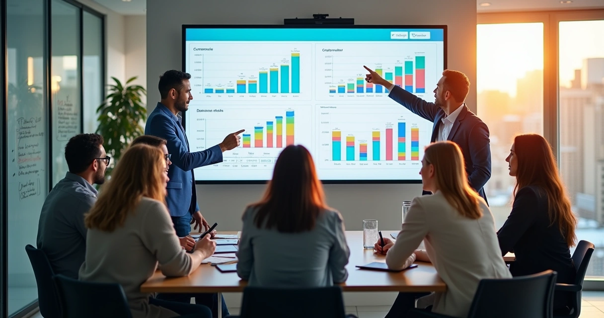 Equipe em reunião analisando indicadores do Balanced Scorecard 