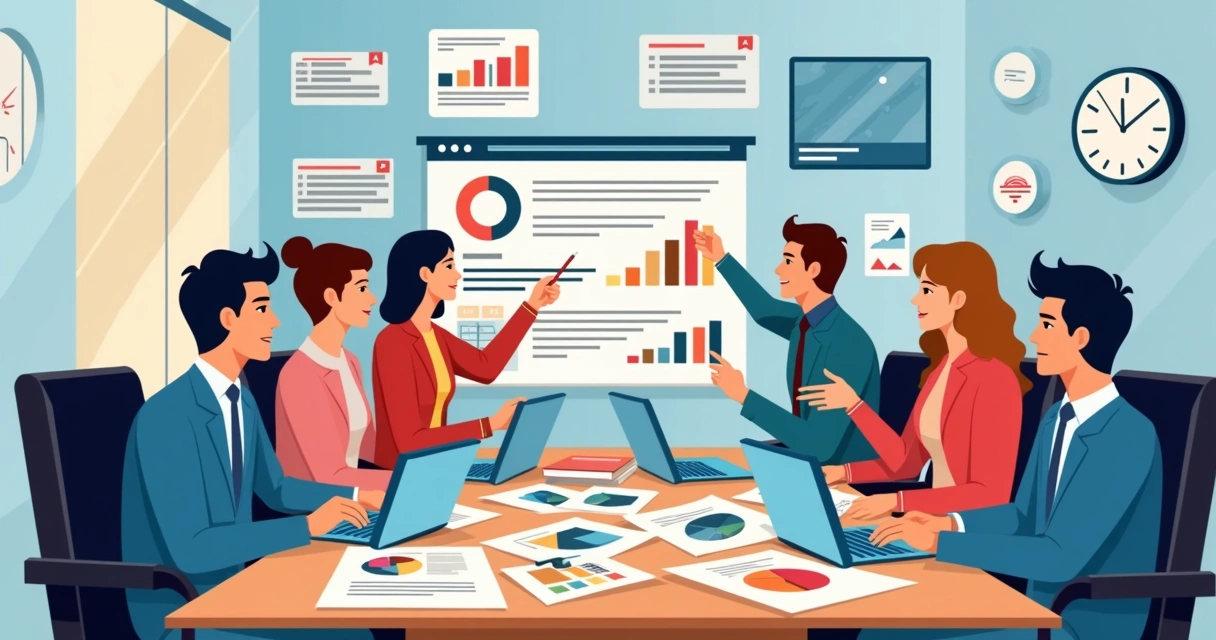 Reunião de equipe em mesa com papéis, gráficos e notebooks 