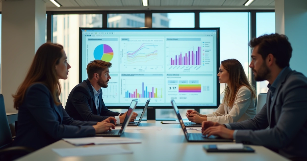 Equipe de marketing reunida analisando gráficos de campanha de aquisição de clientes 