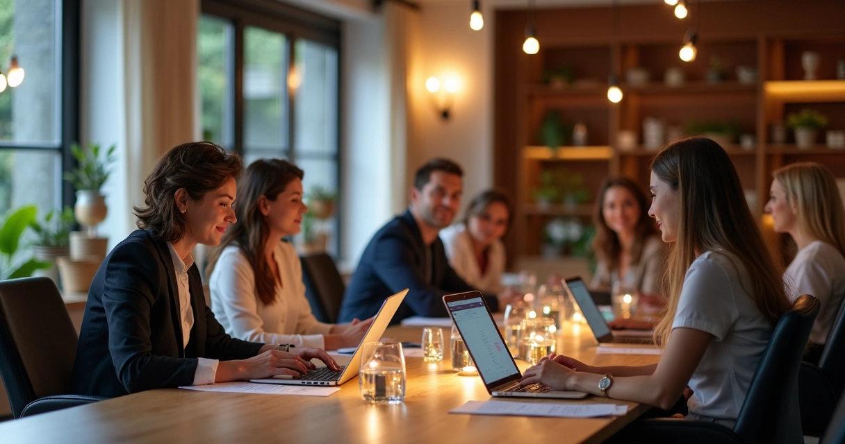 Equipe de marketing em reunião planejando campanhas digitais para clínicas de estética, com laptops e gráficos na mesa 