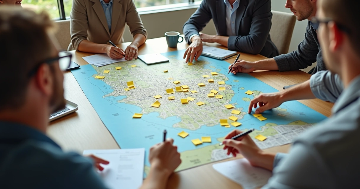 Grupo de pessoas em reunião discutindo mapa urbano sobre uma mesa