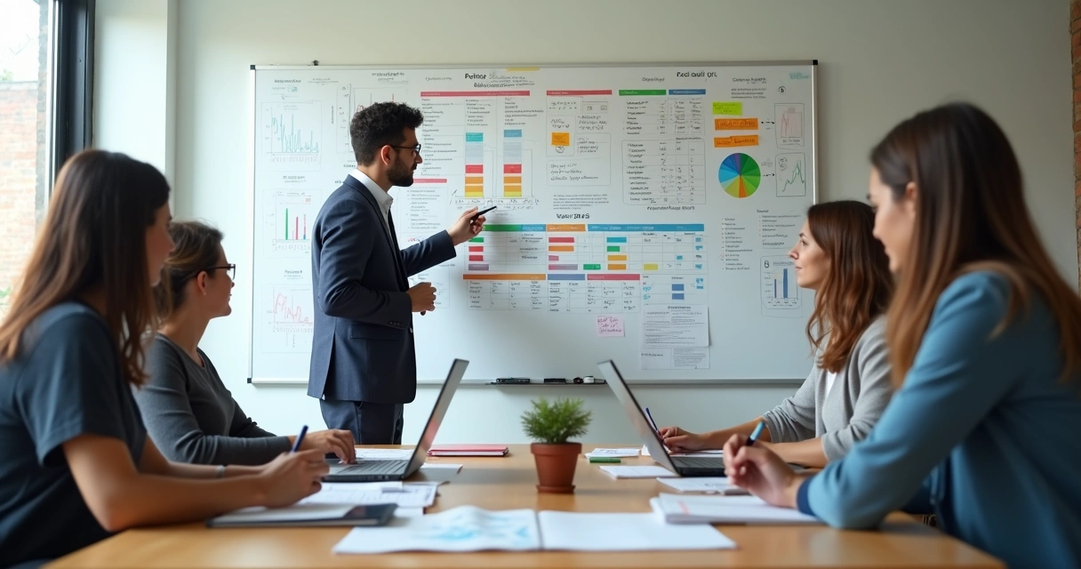 Time de PME reunido em sala de reunião montando planejamento comercial anual em painel com cronograma anual 