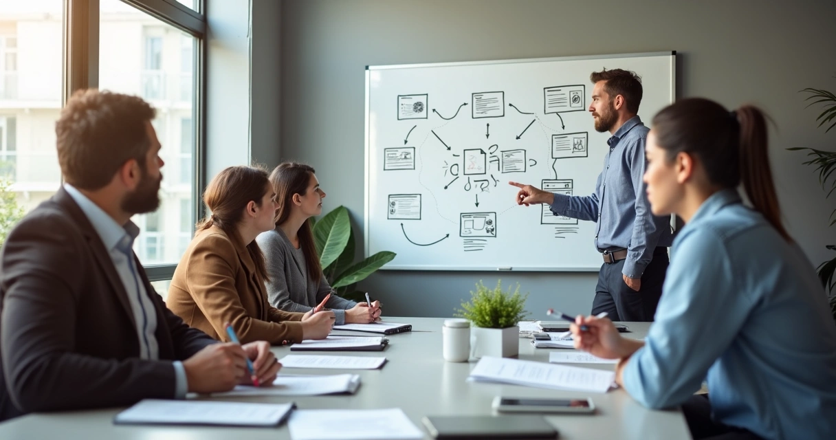 Grupo em reunião revisando ideias e planos em quadro branco