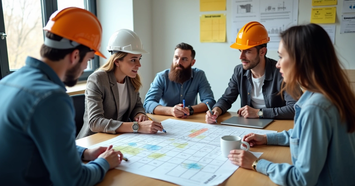 Equipe de obra reunida planejando riscos no canteiro