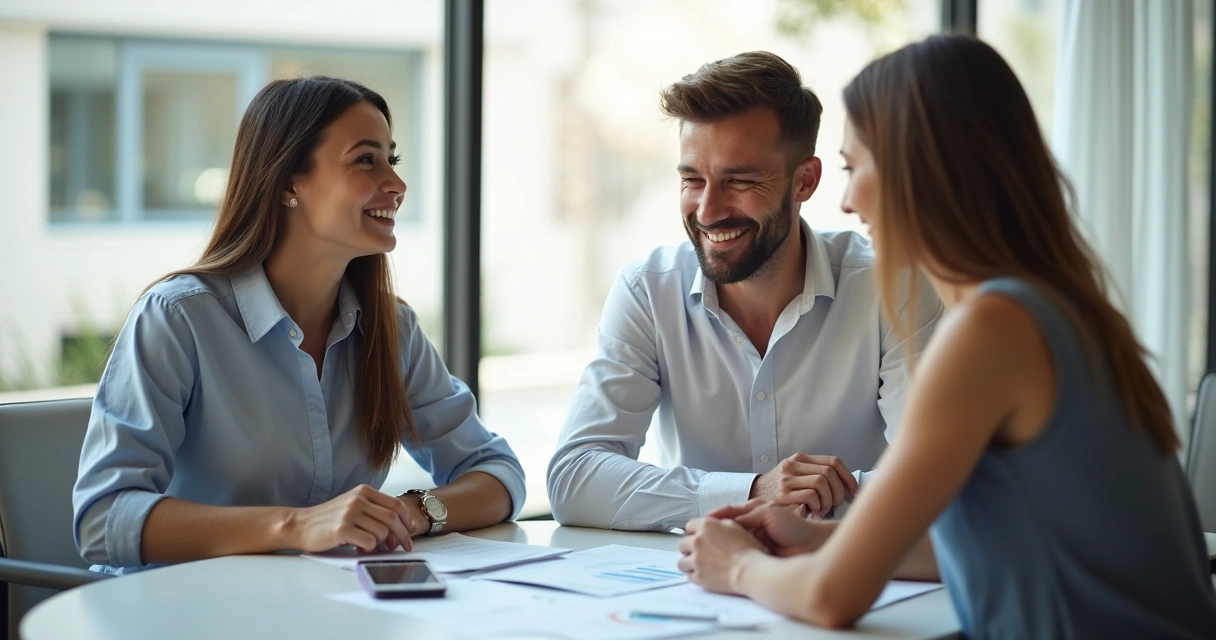 Reunião de planejamento contábil em clínica moderna, pessoas sorrindo 