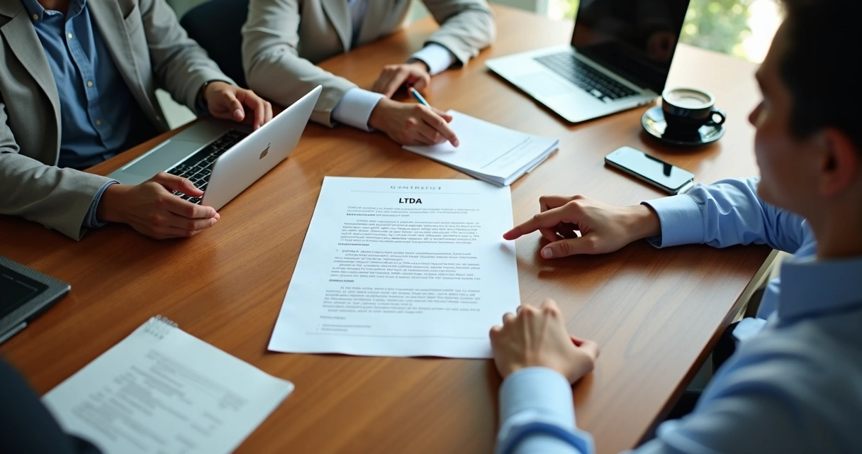 Empreendedores reunidos analisando papéis e contrato em mesa de escritório