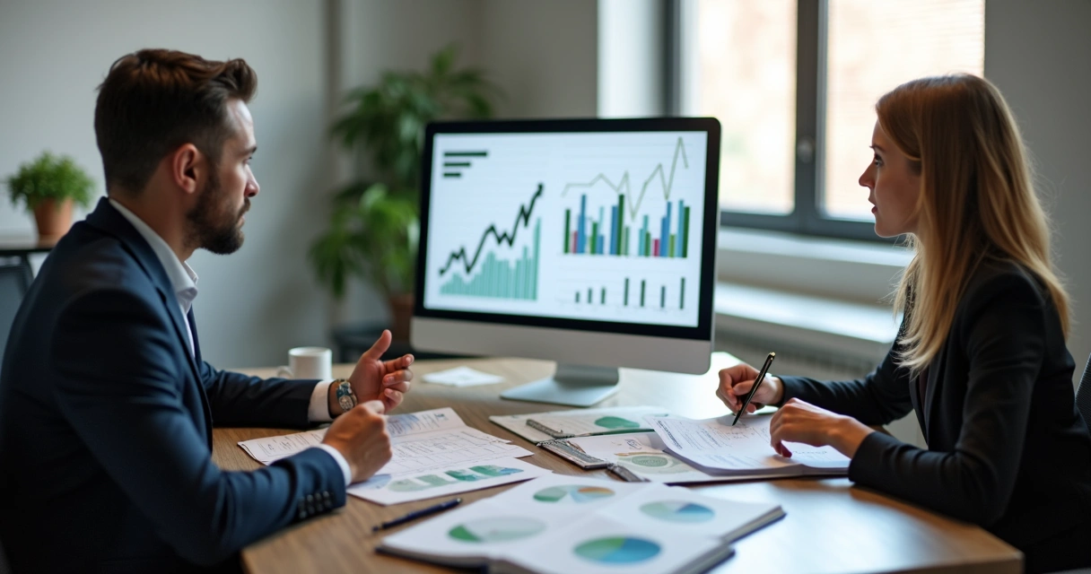 Contador e empresário analisando gráficos e balanços financeiros 