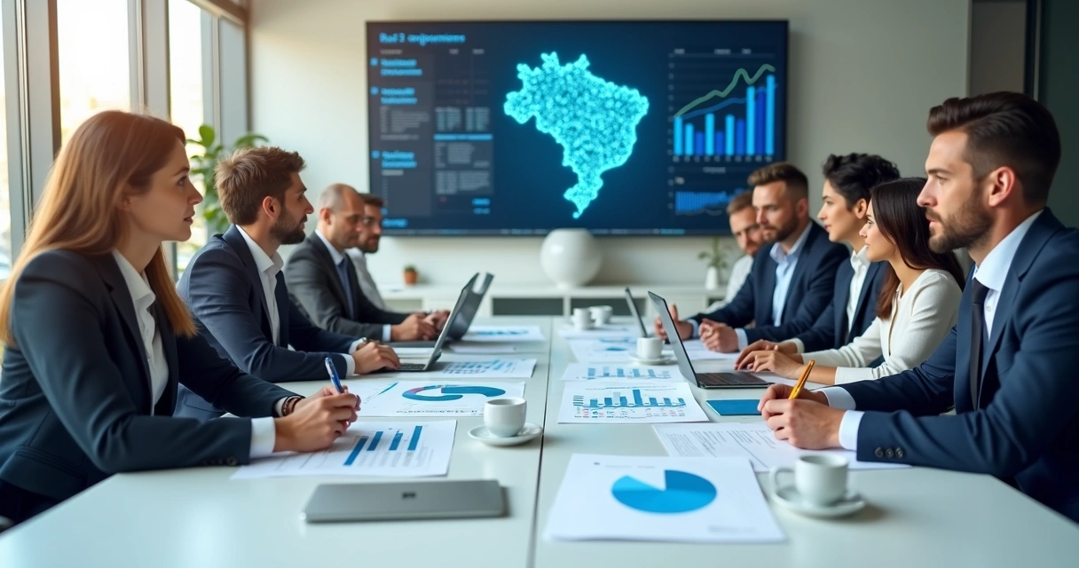 Equipe em reunião avaliando relatórios econômicos 