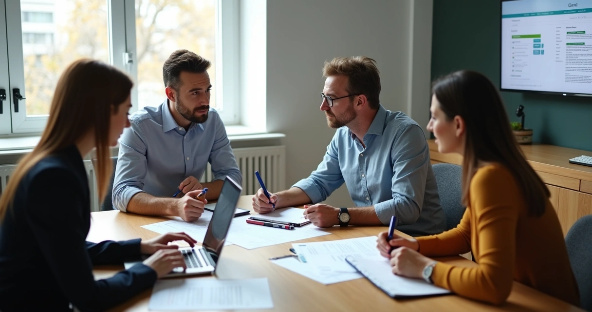 Líder e equipe analisando tarefas em reunião 