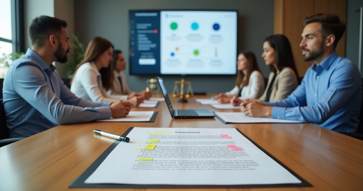 Reunião de diretoria revisando estatuto social em mesa de escritório moderno 