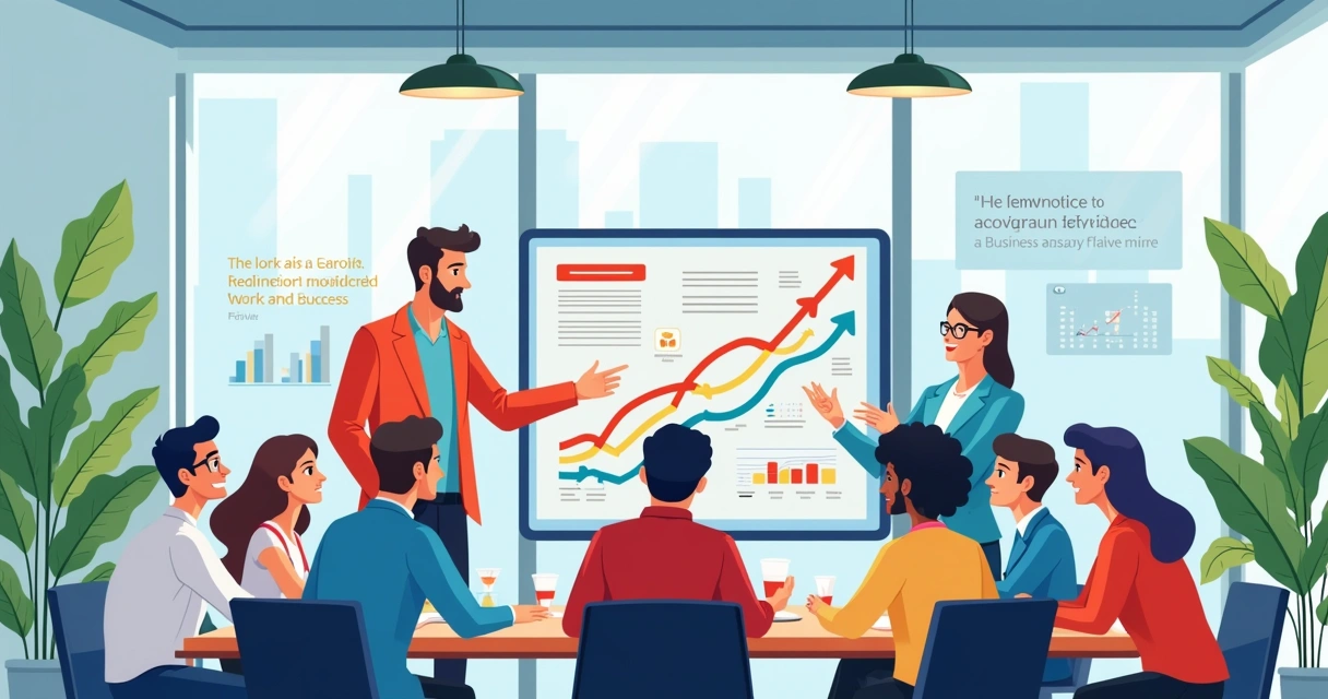 Reunião de planejamento estratégico com profissionais discutindo em uma sala moderna, com gráficos de crescimento ao fundo.