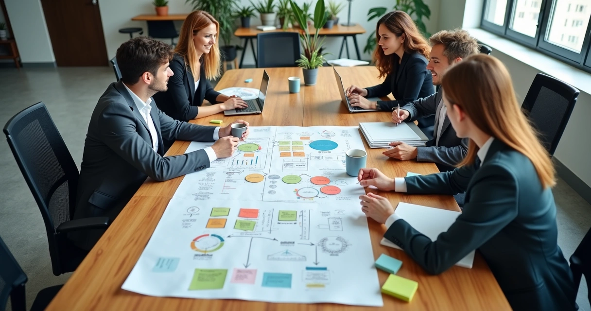 Equipe reunida em mesa de trabalho discutindo planejamento estratégico 
