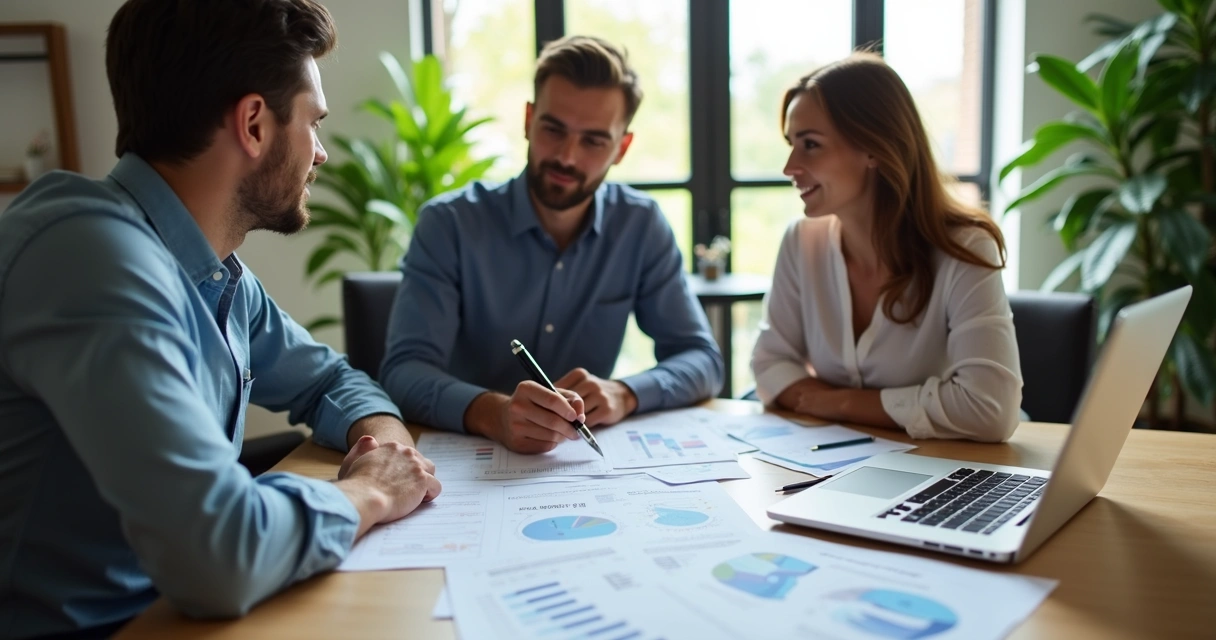 Profissional reunido com casal analisando gráficos financeiros na mesa 