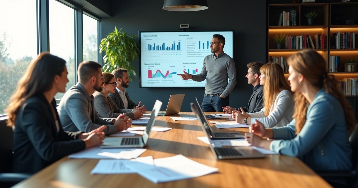 Equipe discutindo planejamento financeiro para projeto de software com gráficos e anotações 