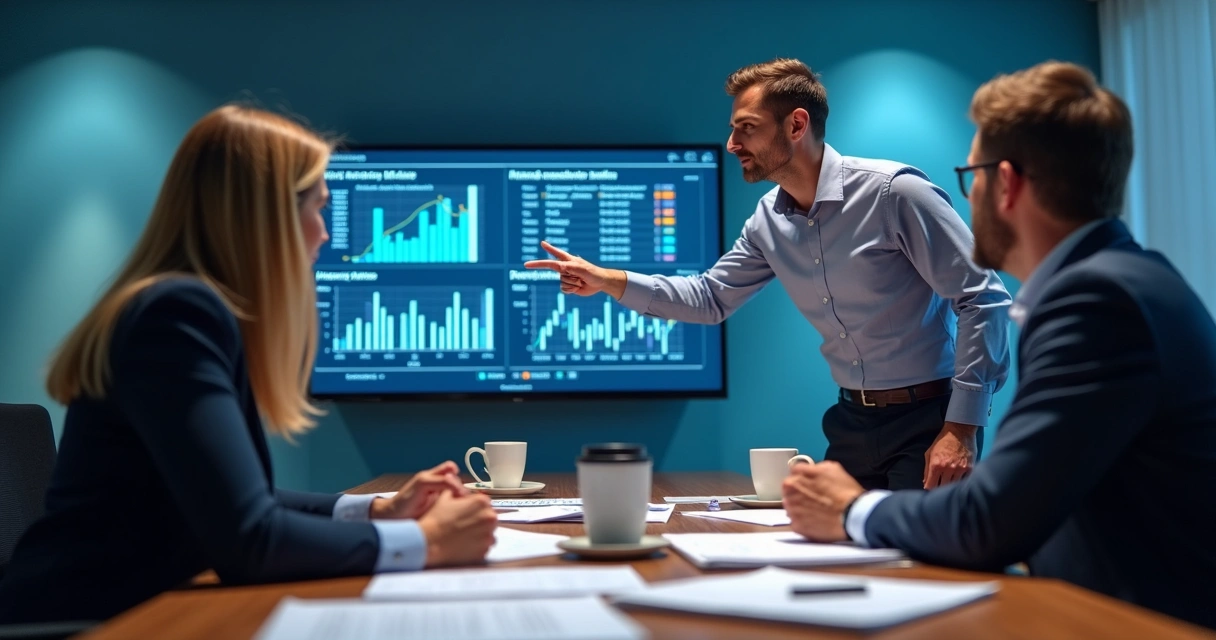 Profissionais discutem planejamento financeiro em sala de reunião 