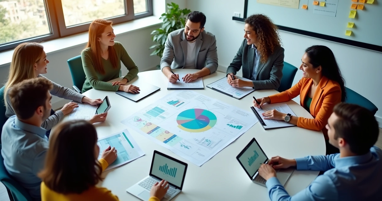 Equipe reunida em sala de reuniões analisando plano financeiro em tela. 
