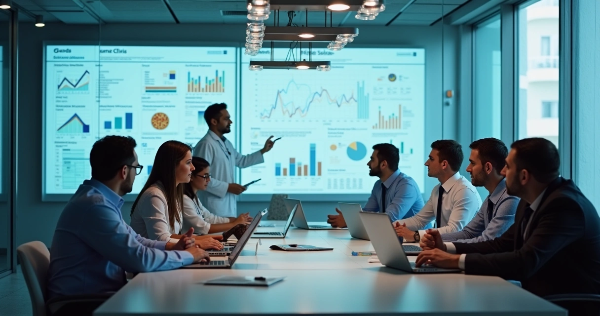 Gestores de clínica reunidos avaliando relatórios financeiros 