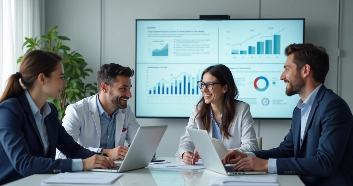 Equipe odontológica reunida para planejamento financeiro com gráficos e anotações