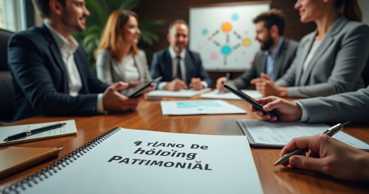 Reunião de pessoas analisando documentos sobre holding patrimonial 