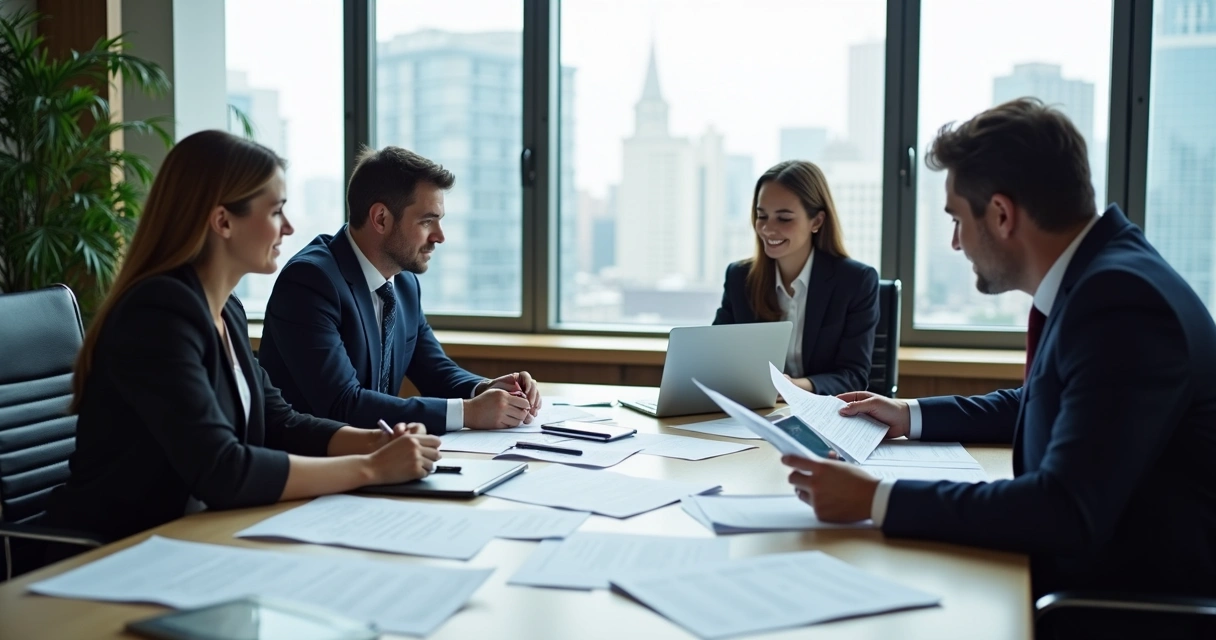 Profissionais reunidos discutindo documentos e laptop em mesa de reunião de planejamento 