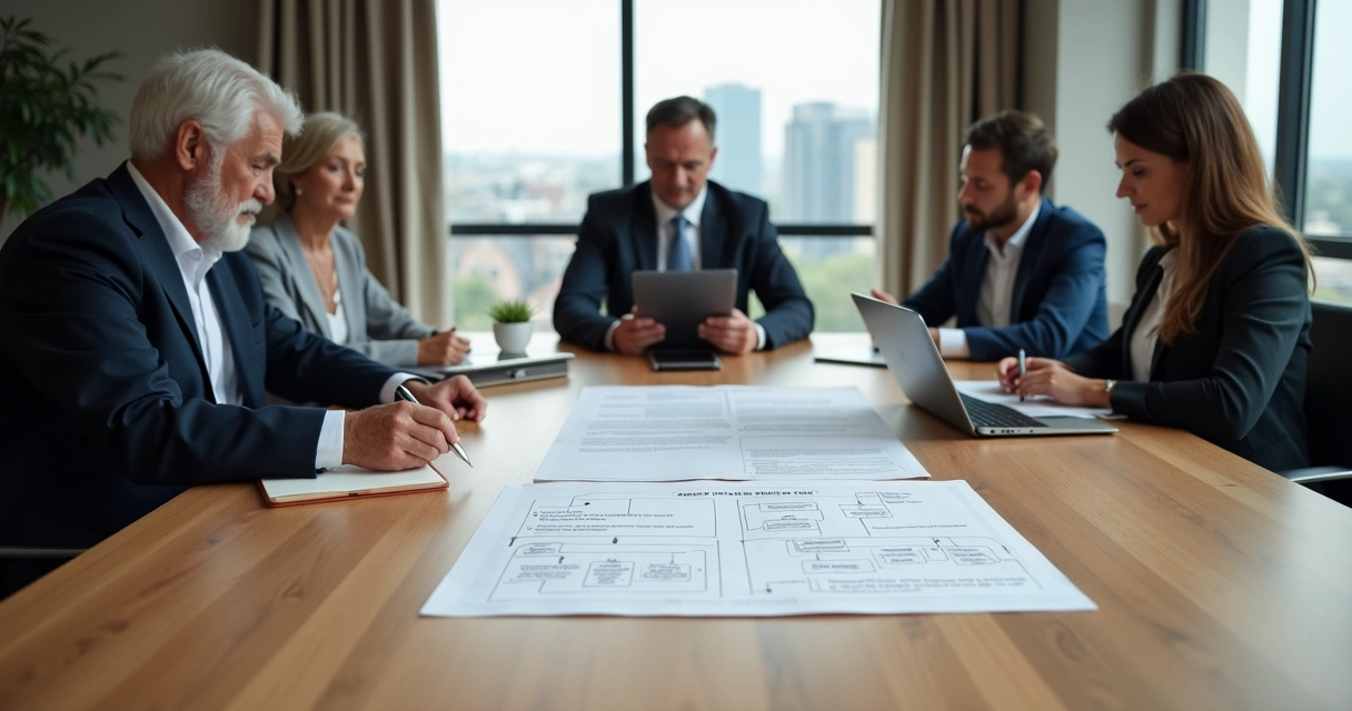 Reunião de família empresária com advogado revisando documentos de holding familiar 