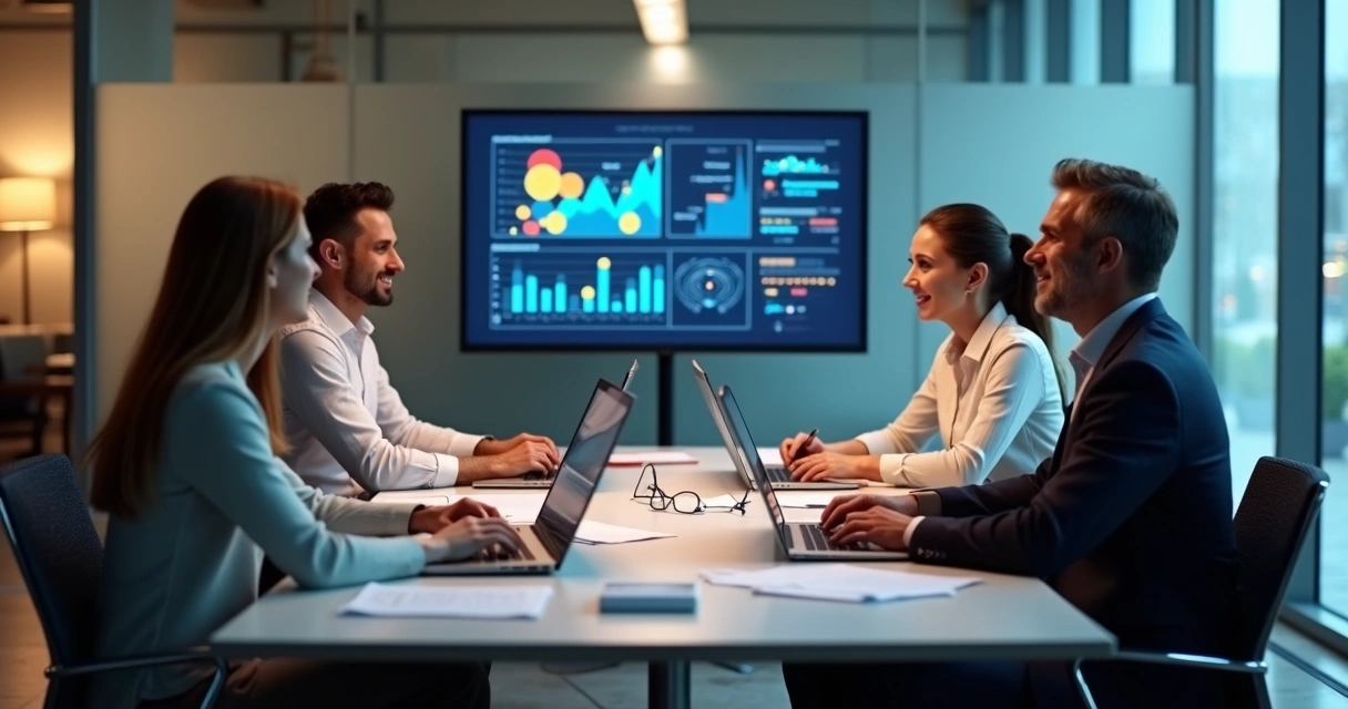 Equipe reunida em sala de reunião, papéis e notebooks na mesa, discutindo planejamento de IA para pequenas empresas