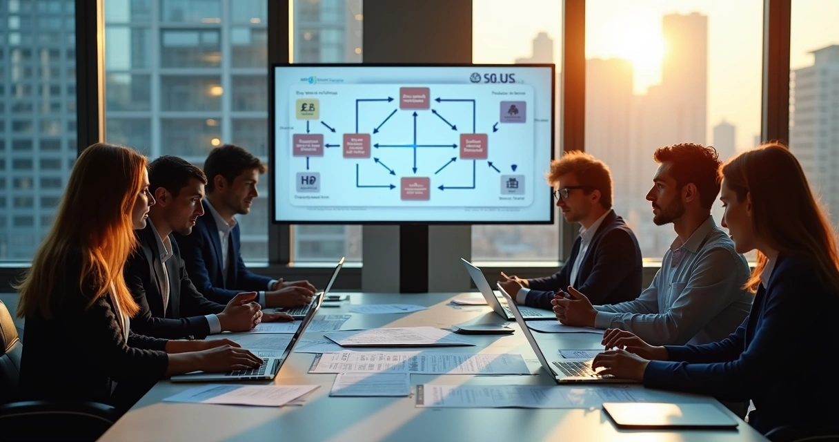 Equipe empresarial discutindo planejamento de IA com documentos de financiamento sobre a mesa 