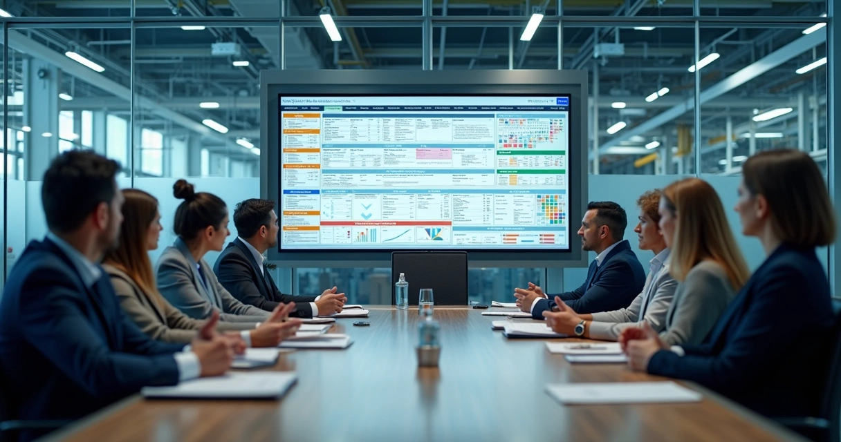 Equipe industrial em reunião com painel de indicadores e cronograma semanal 