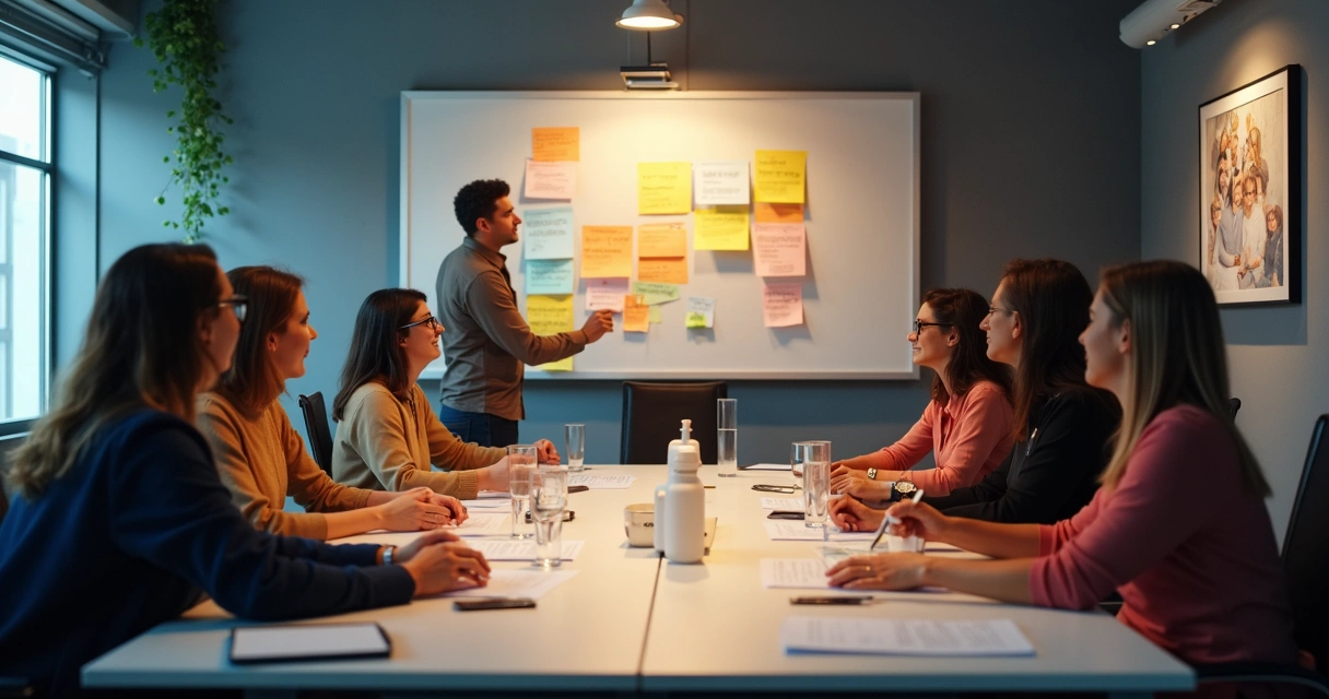 Reunião de equipe planejando indicadores em quadro branco