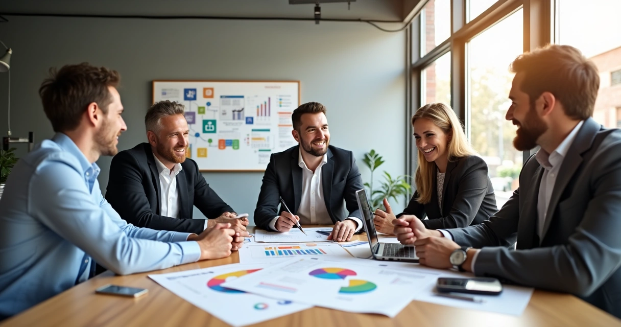 Equipe criativa reunida em mesa discutindo estratégias de marketing digital 