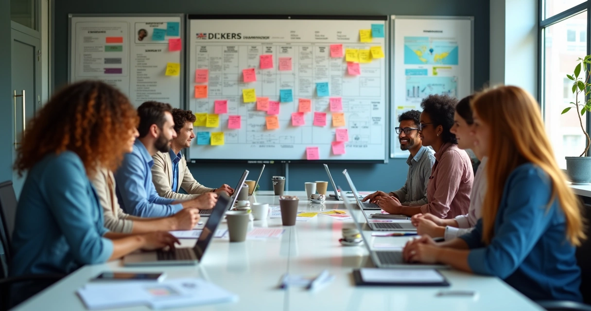 Equipe de marketing em reunião de planejamento ao redor de mesa 