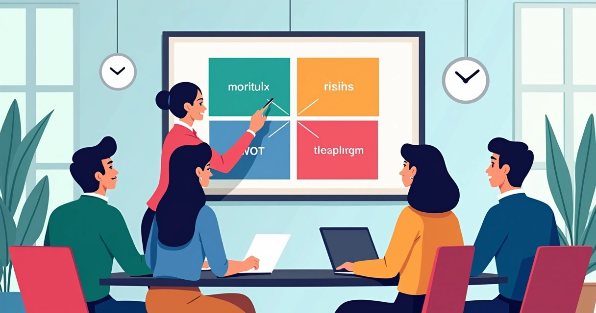 Equipe de consultores reunida analisando matriz SWOT em tela grande durante planejamento de campanha. 
