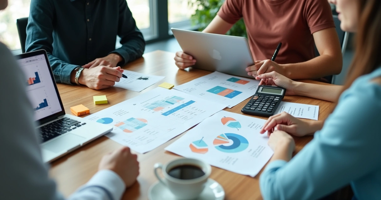 Equipe revisando metas e números de aquisição