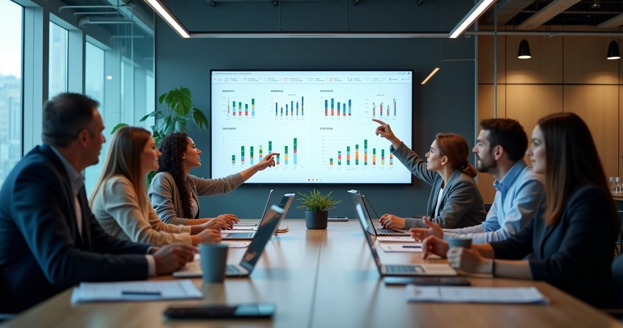 Equipe avaliando métricas e indicadores em reunião 