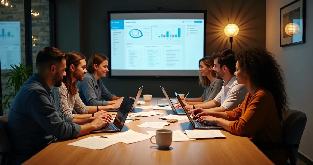 Equipe reunida em torno de notebook alinhando OKRs no Notion 