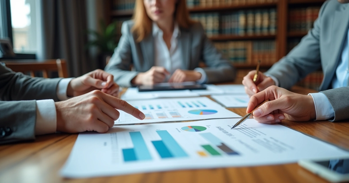 Reunião com documentos financeiros e gráficos de patrimônio 