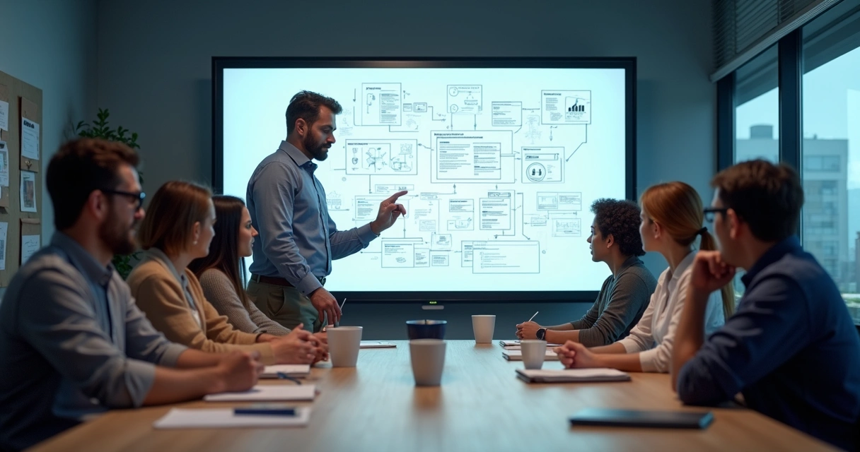 Profissionais em reunião analisando escopo de sistema em tela grande 