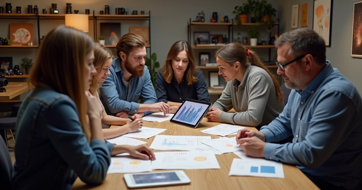Equipe de fotógrafos reunida ao redor de mesa discutindo planejamento financeiro 