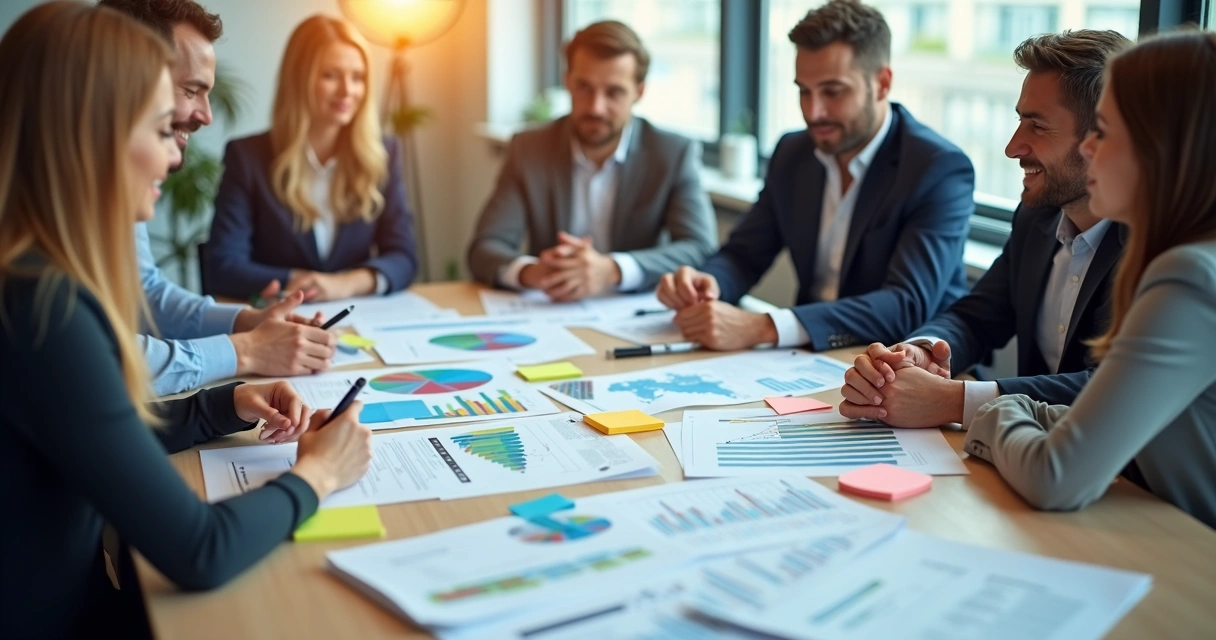 Grupo discutindo planejamento de RH com gráficos e anotações