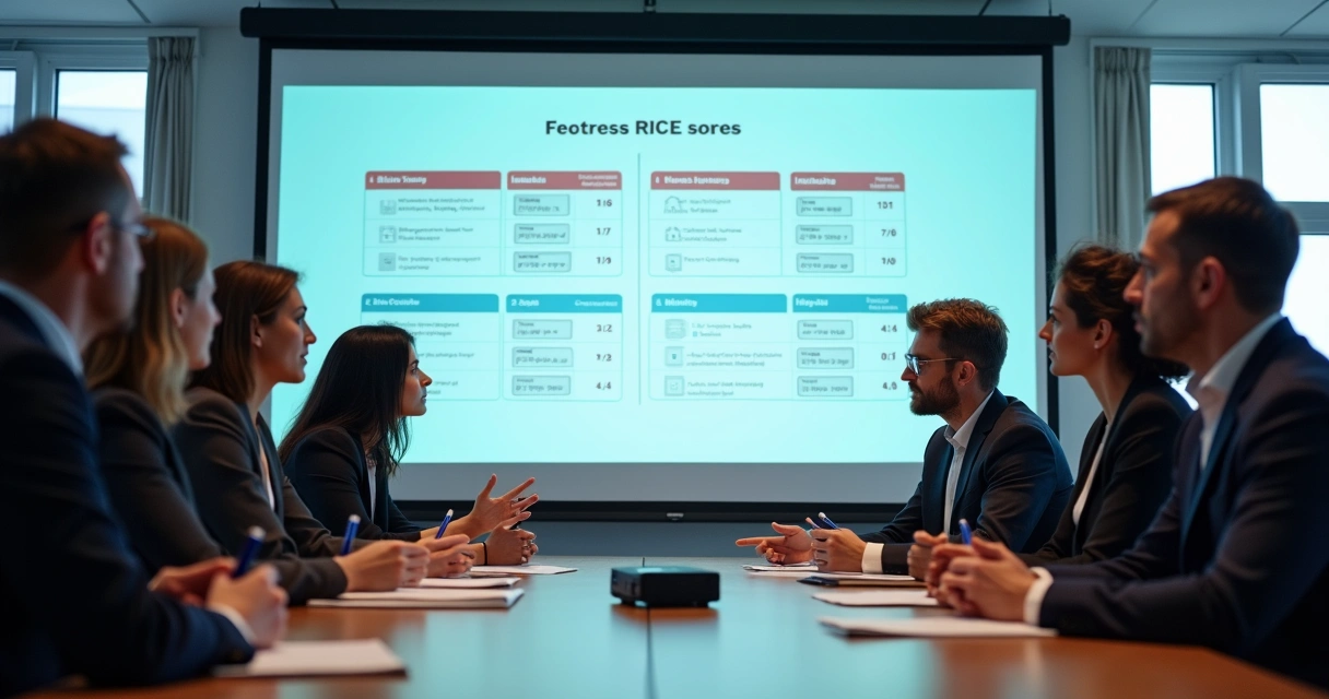 Grupo de pessoas em reunião de planejamento, olhando para tabela RICE projetada na tela. 